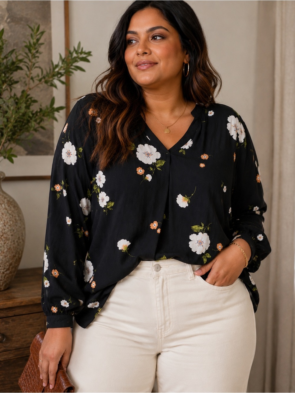 BRINA & EM Women’s Black Floral Long-sleeve Rayon Blouse XXL Gardengirl
